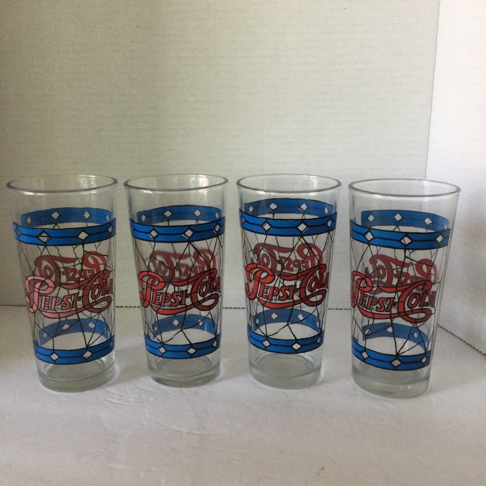 Pepsi Cola Stained Glass Motif Drinking Glasses Set/4 VTG blue red black